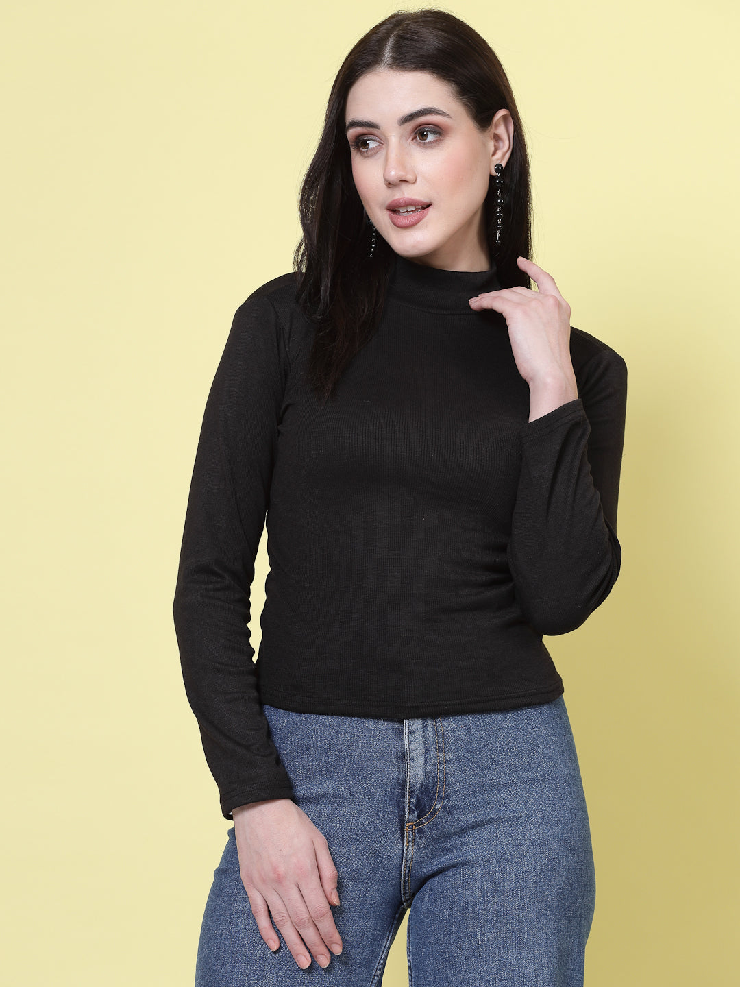 Women Black Solid High Neck Regular Top