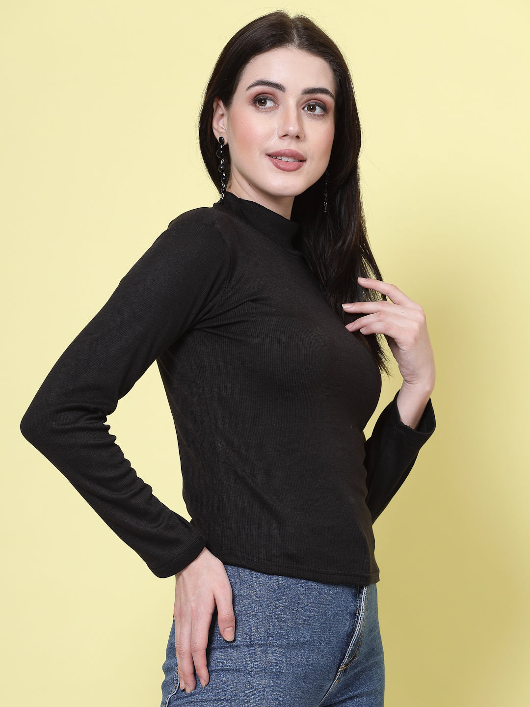 Women Black Solid High Neck Regular Top