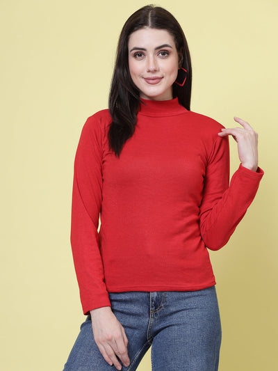 Red solid high neck regular top with full sleeves for casual wear.