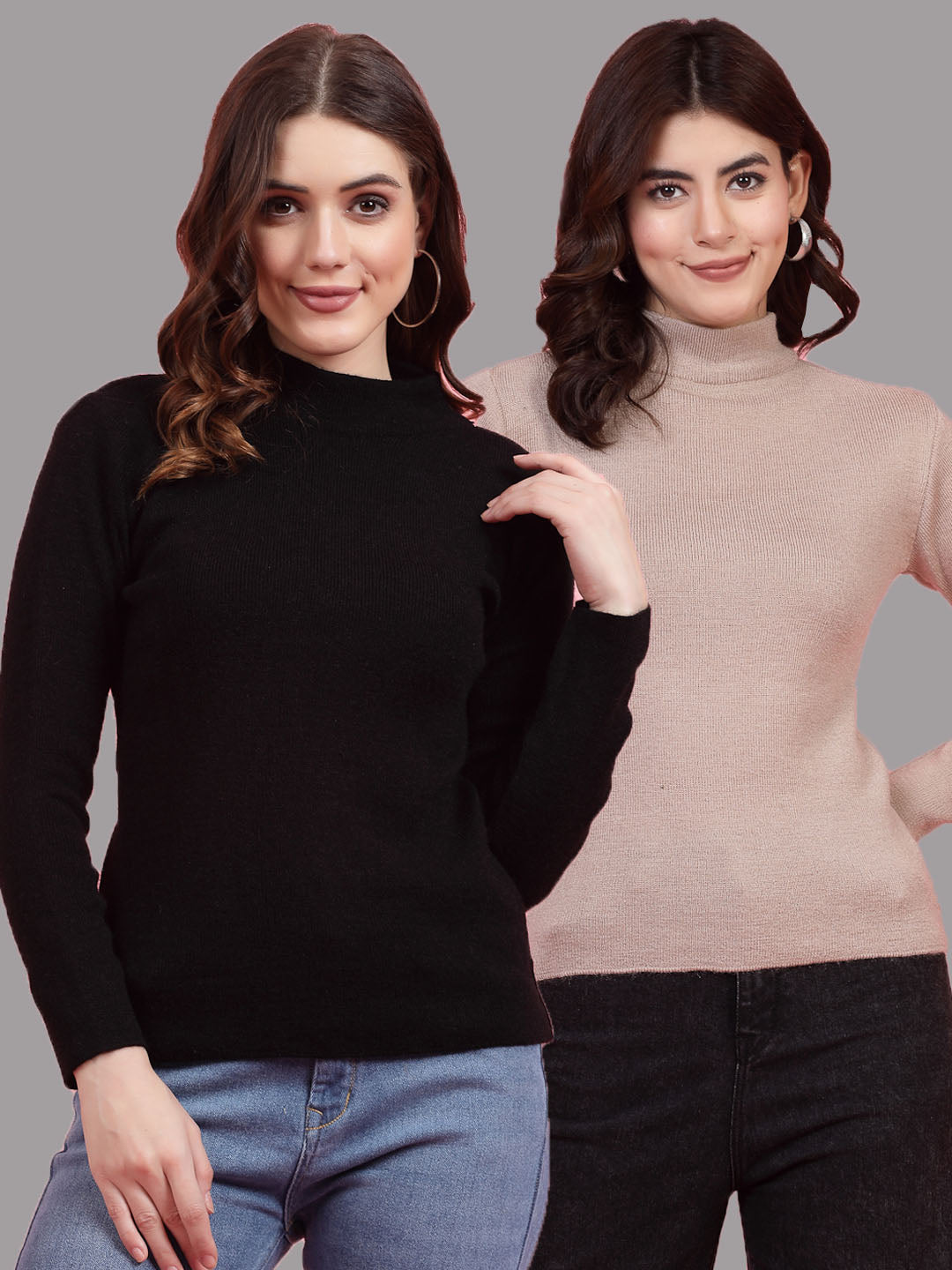 Solid highneck full sleeve woolen casual tops pack of two in black and beige.