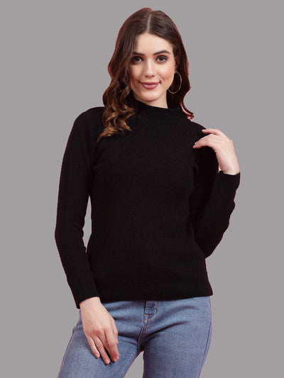 Solid highneck full sleeve woolen casual tops in black.