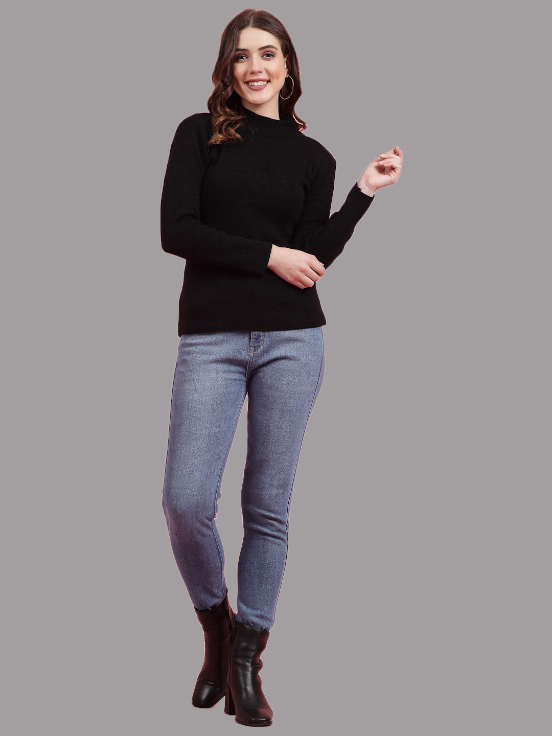 Solid highneck full sleeve woolen casual top, pack of 2, featuring a stretchable design.