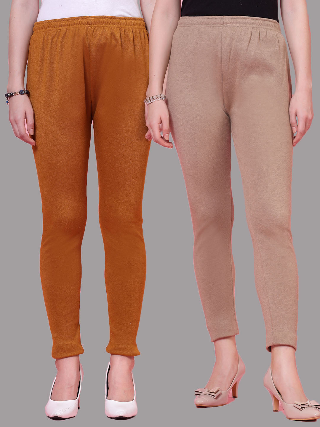 Mustard and dark fawn solid woollen leggings with elasticated waistband and drawstring closure, pack of 2.