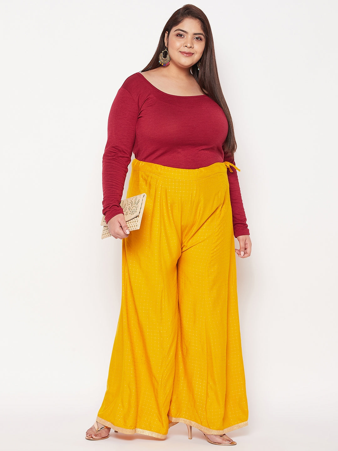 Mustard Checked Wide Leg Palazzo