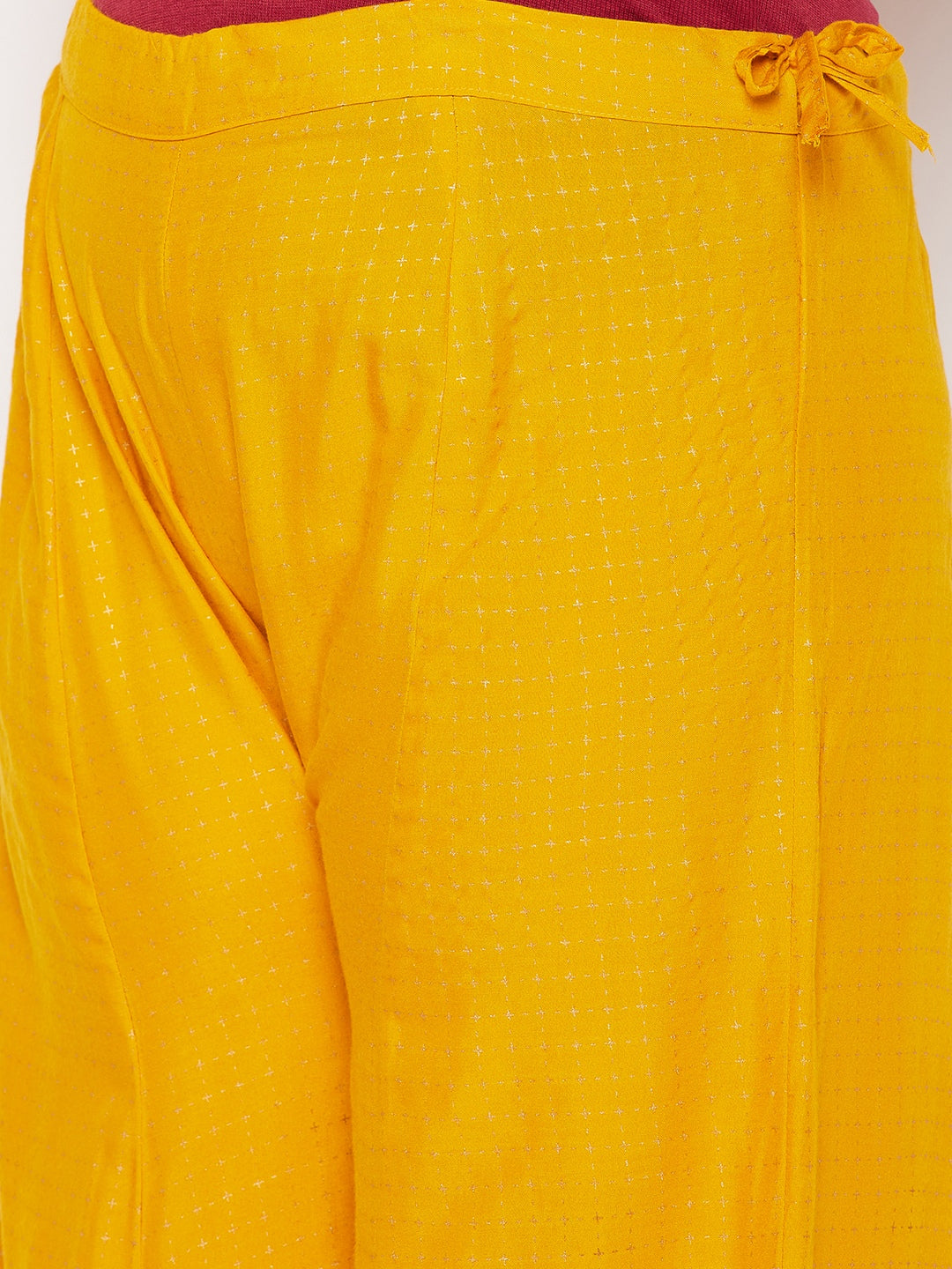 Mustard checked wide leg palazzo with drawstring closure.