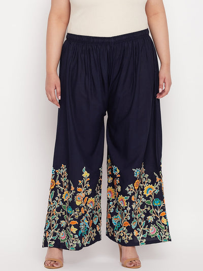 Navy blue printed rayon palazzo with elasticated waistband and drawstring.