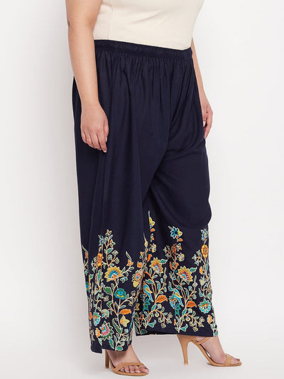 Navy blue printed rayon palazzo with elasticated waistband and drawstring.