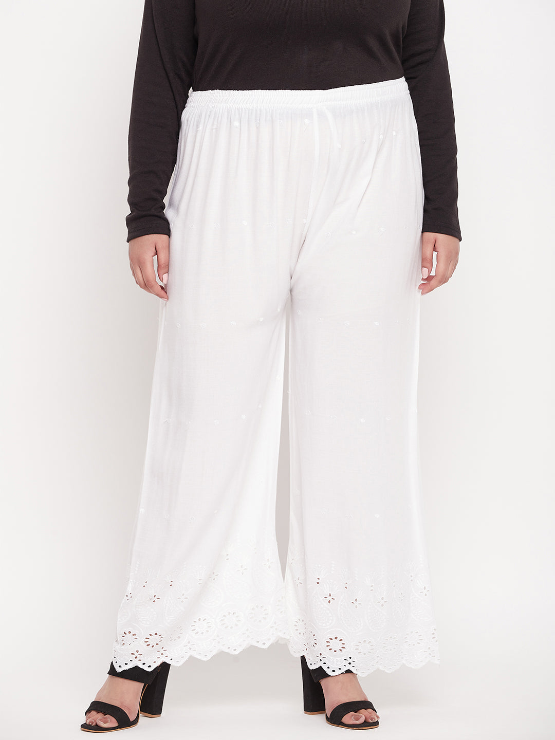 White Embroidered Rayon Palazzo