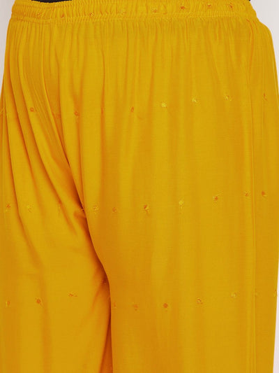 Mustard embroidered rayon palazzo with elasticated waistband.