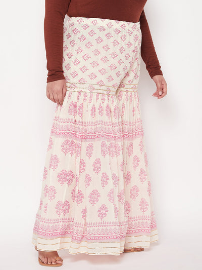 White and magenta printed cotton flared gharara with elasticated waistband and drawstring.