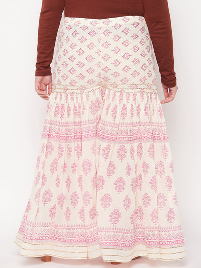 White & Magenta Printed Cotton Flared Gharara