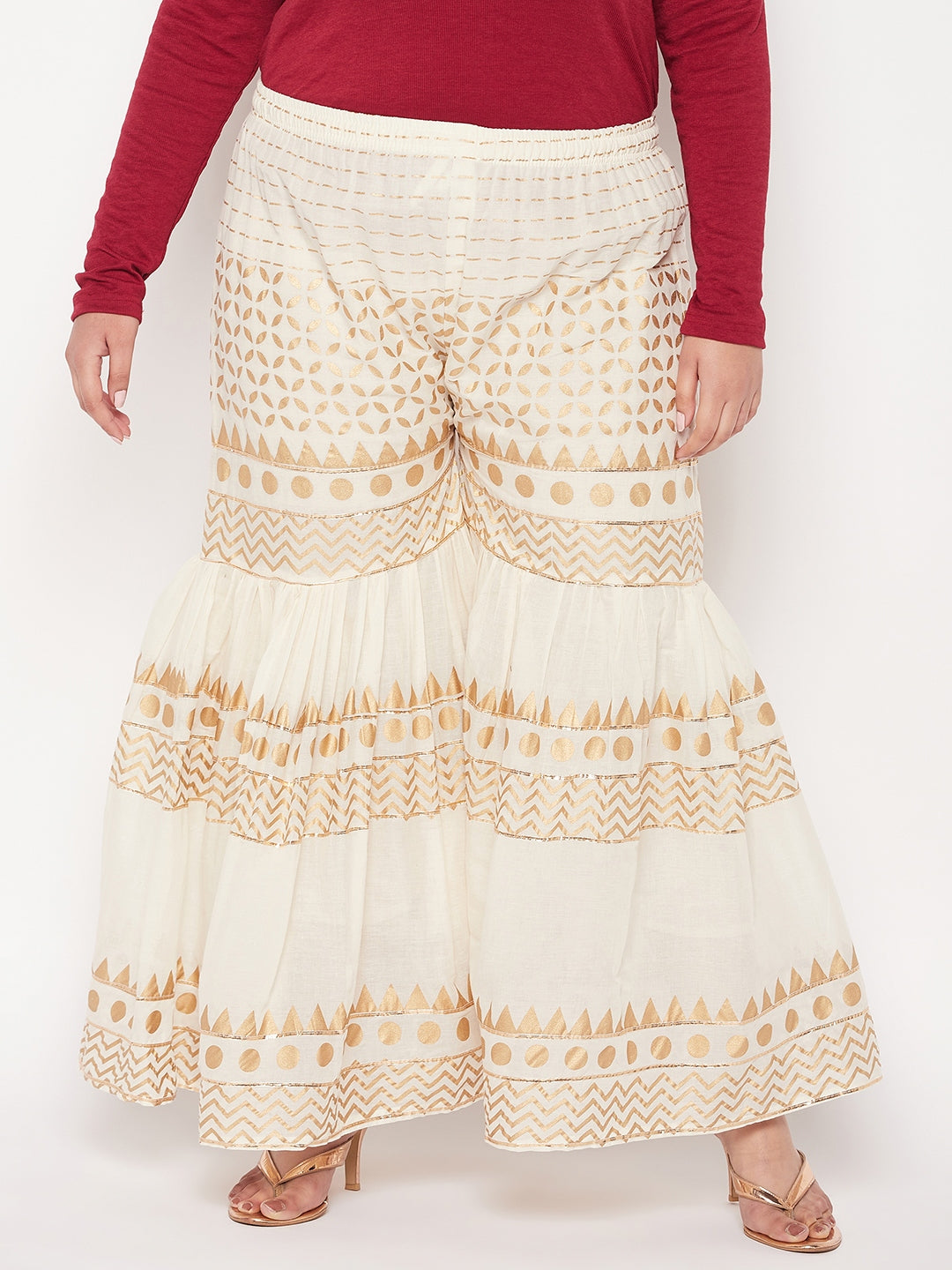 Off-White printed cotton gharara with elasticated waistband and drawstring.