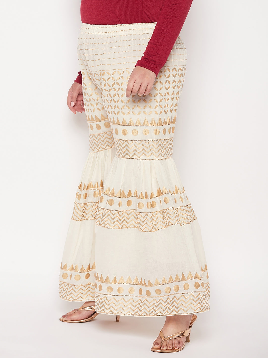 Off-White printed cotton gharara with flared design and elasticated waistband.