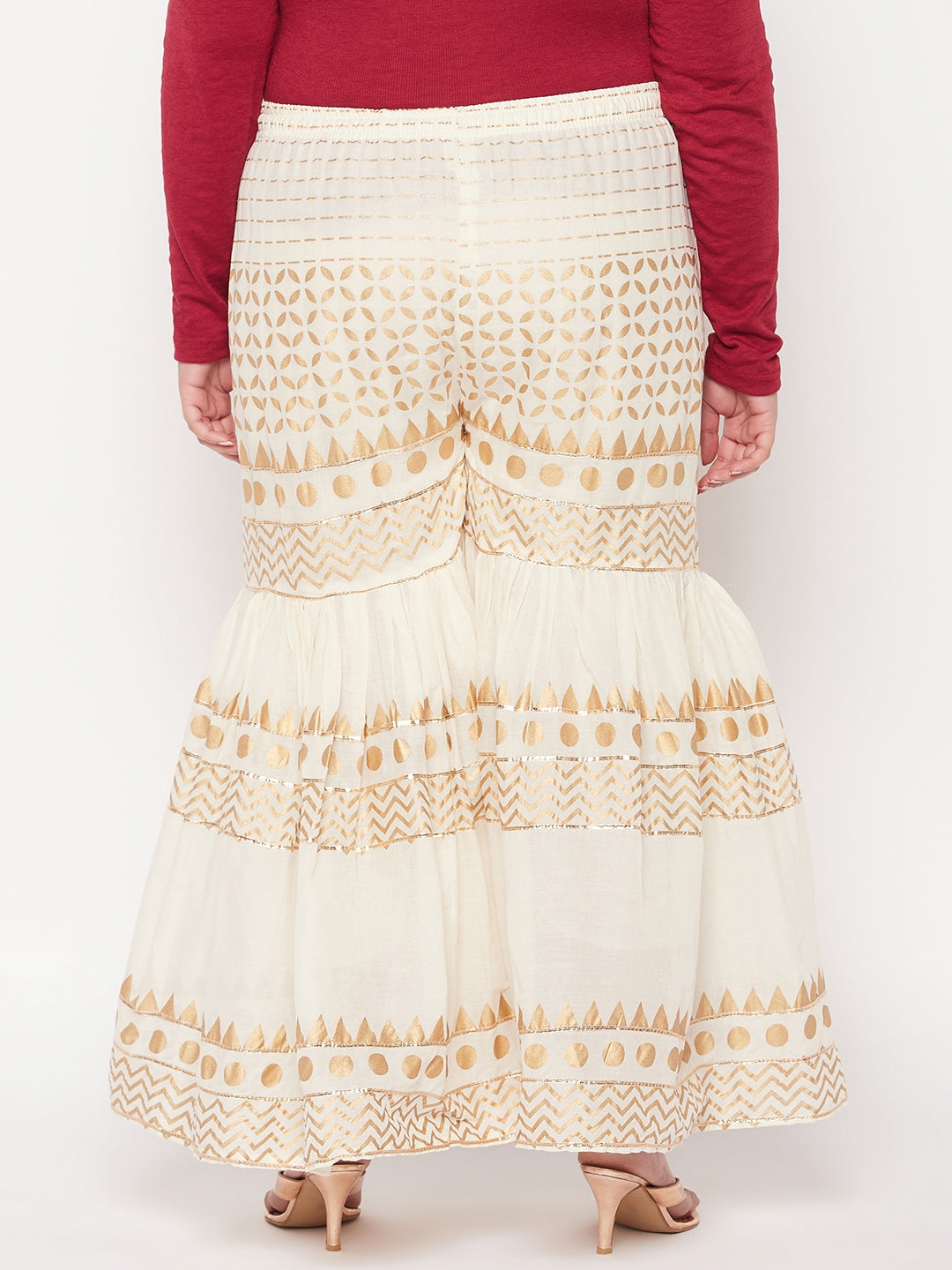 Off-White Printed Cotton Gharara with elasticated waistband and drawstring.