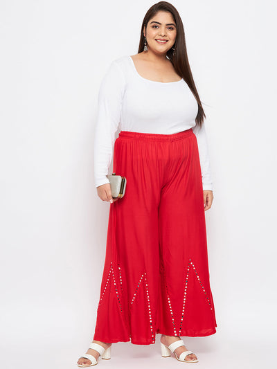 Red Mirror Work Rayon Sharara with elasticated waistband and drawstring.