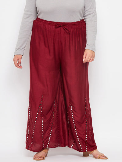 Maroon Mirror Work Rayon Sharara with elasticated waistband and drawstring.