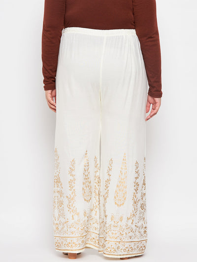 Cream Printed Rayon Straight Palazzo