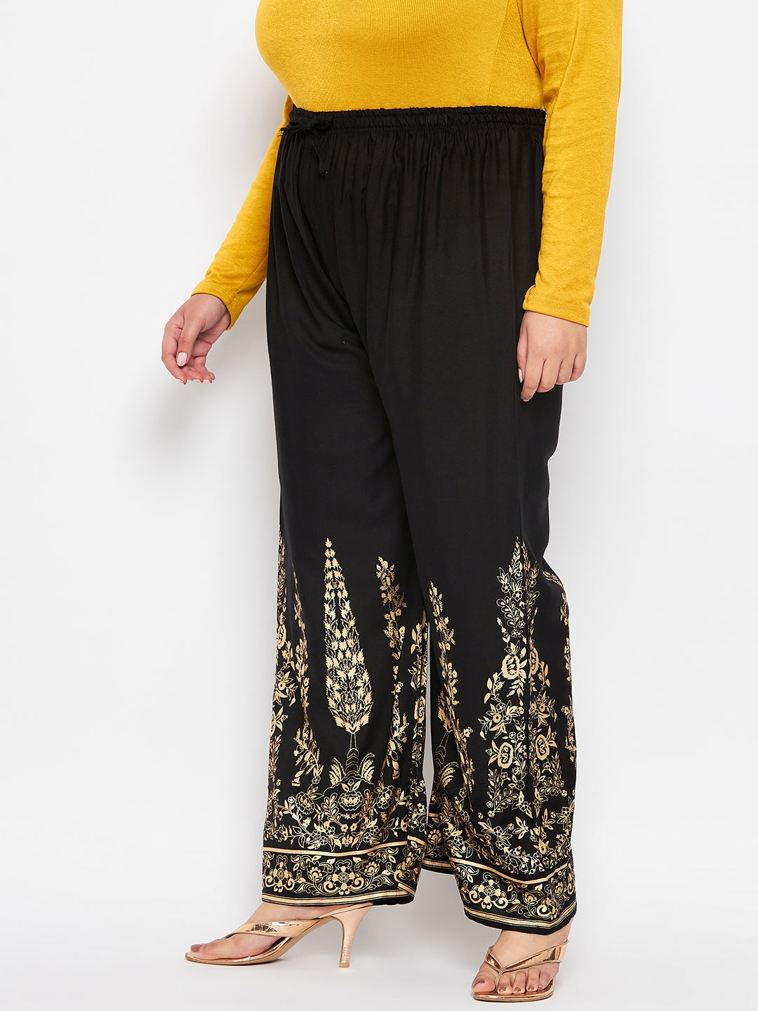 Black Printed Rayon Straight Palazzo