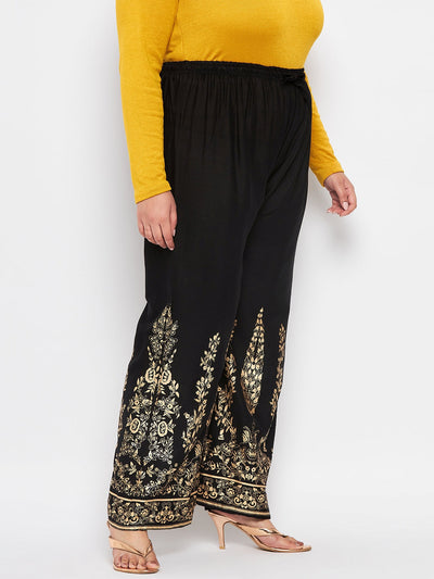 Black Printed Rayon Straight Palazzo