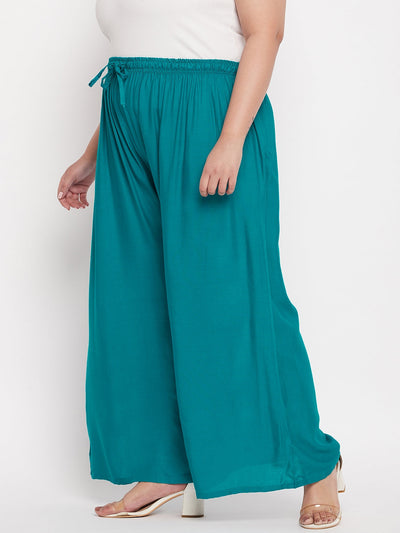 Rama Green Solid Rayon Palazzo with elasticated waistband and drawstring.