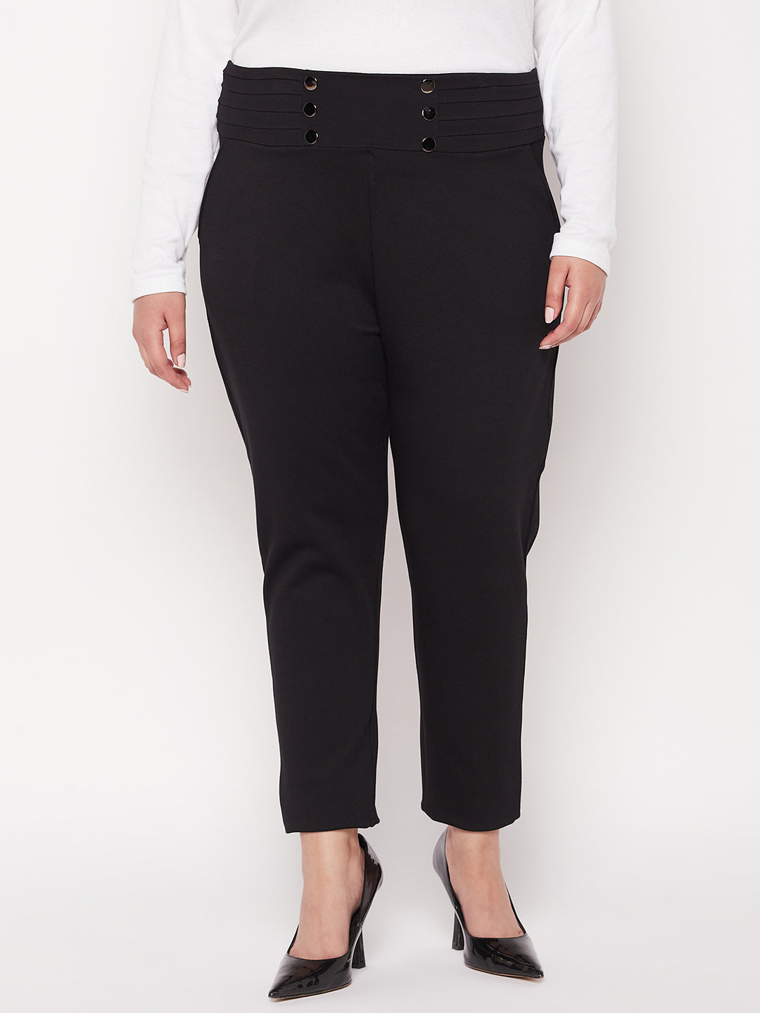 Black solid regular fit jegging for women in NR Roma fabric.