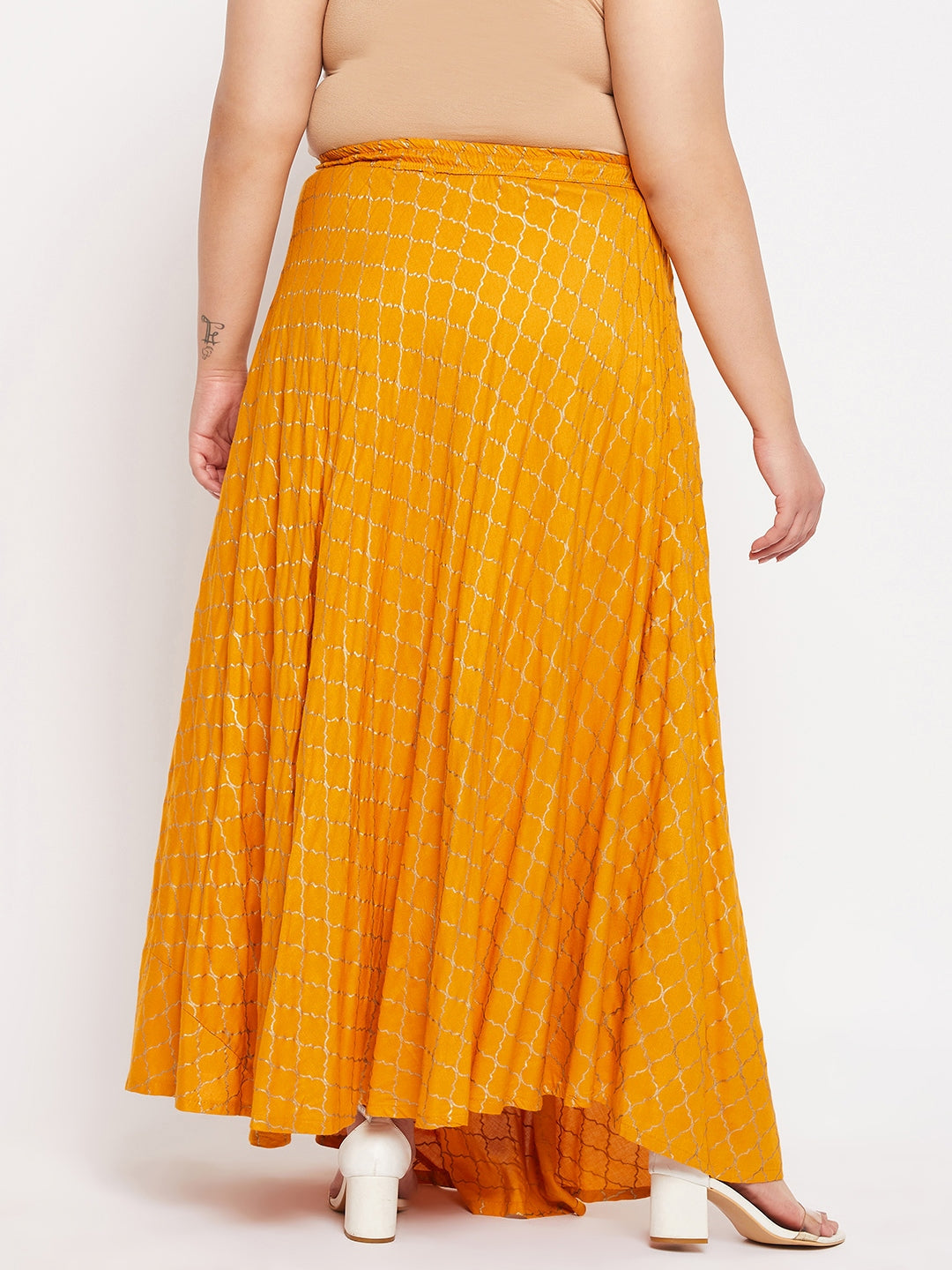 Mustard Printed Flared Maxi Skirt