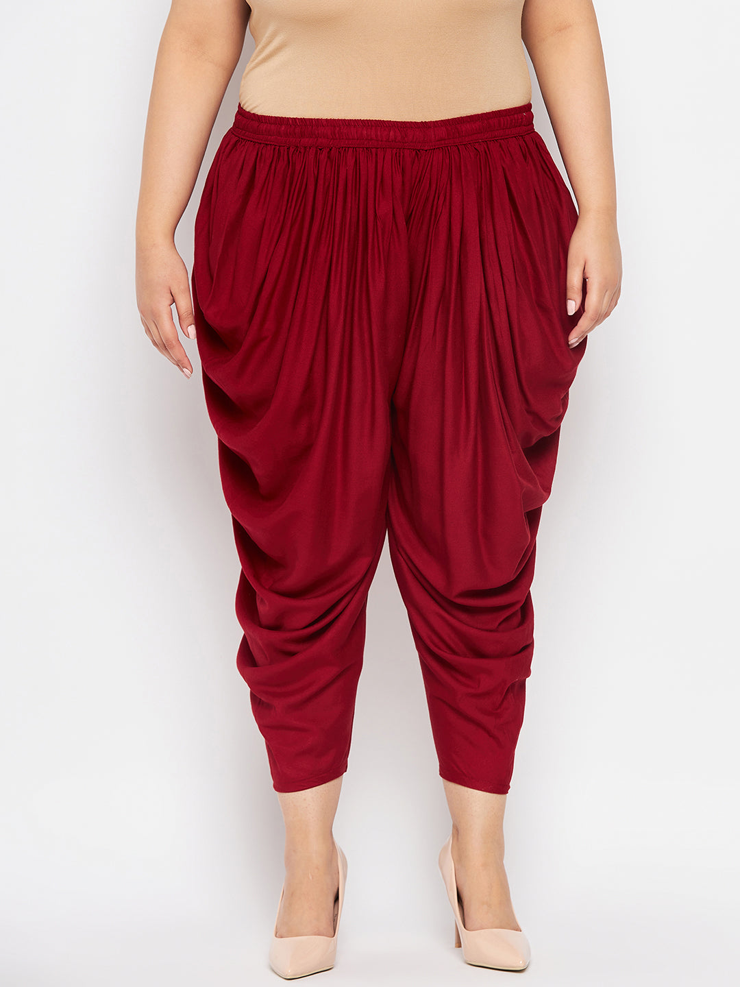 Maroon solid rayon dhoti salwar with elastic waistband and drawstring, ankle length.