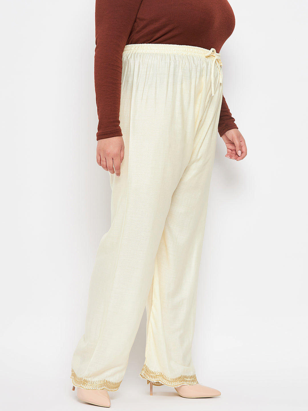 Off-White Hem Design Straight Palazzo with Elasticated Waistband