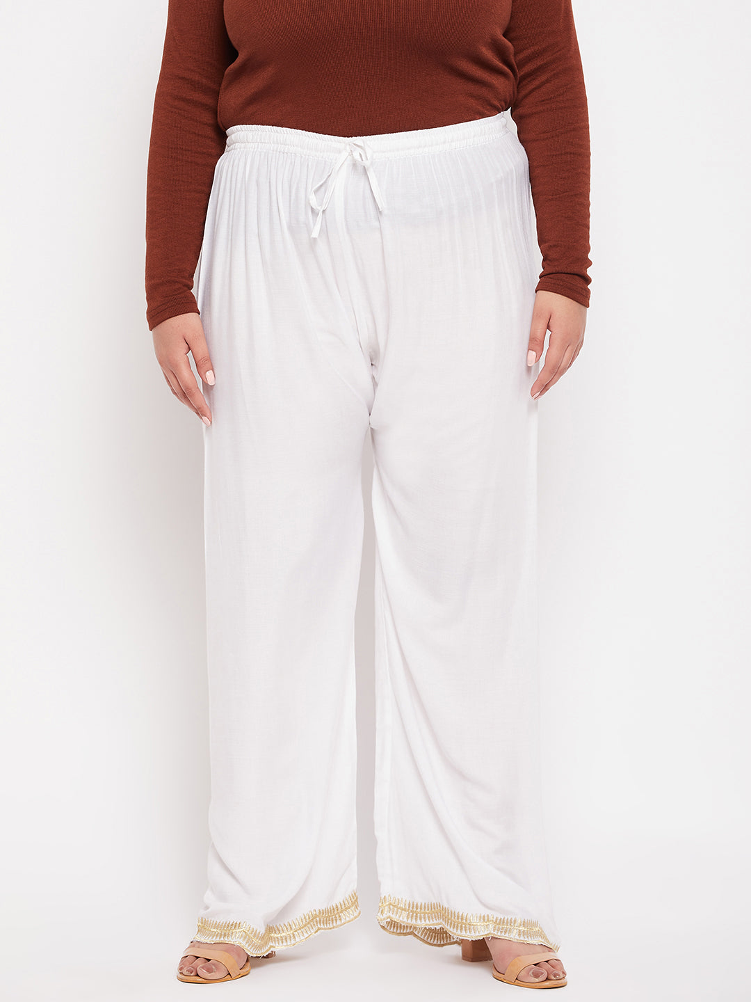 White Hem Design Straight Palazzo with elastic waistband and drawstring.