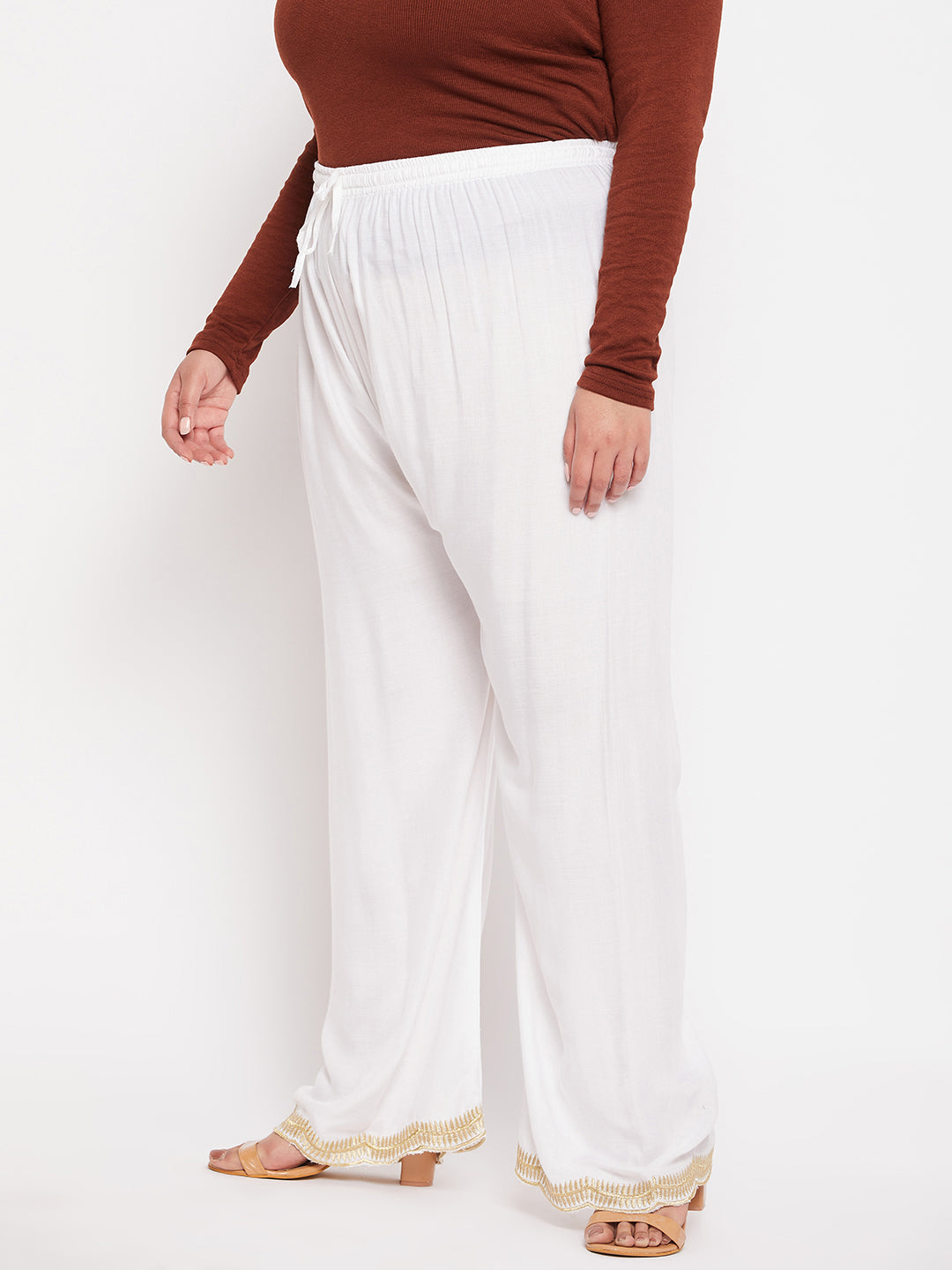 White Hem Design Straight Palazzo with Elasticated Waistband and Drawstring