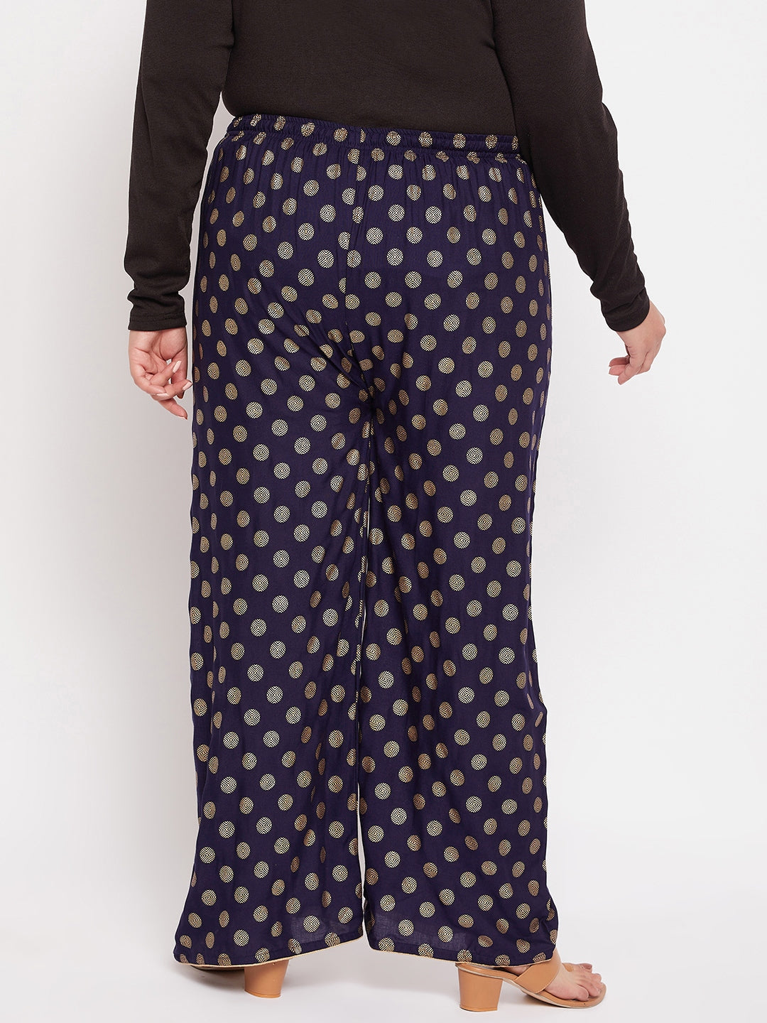 Navy Blue Polka Dot Printed Palazzo with elasticated waistband.