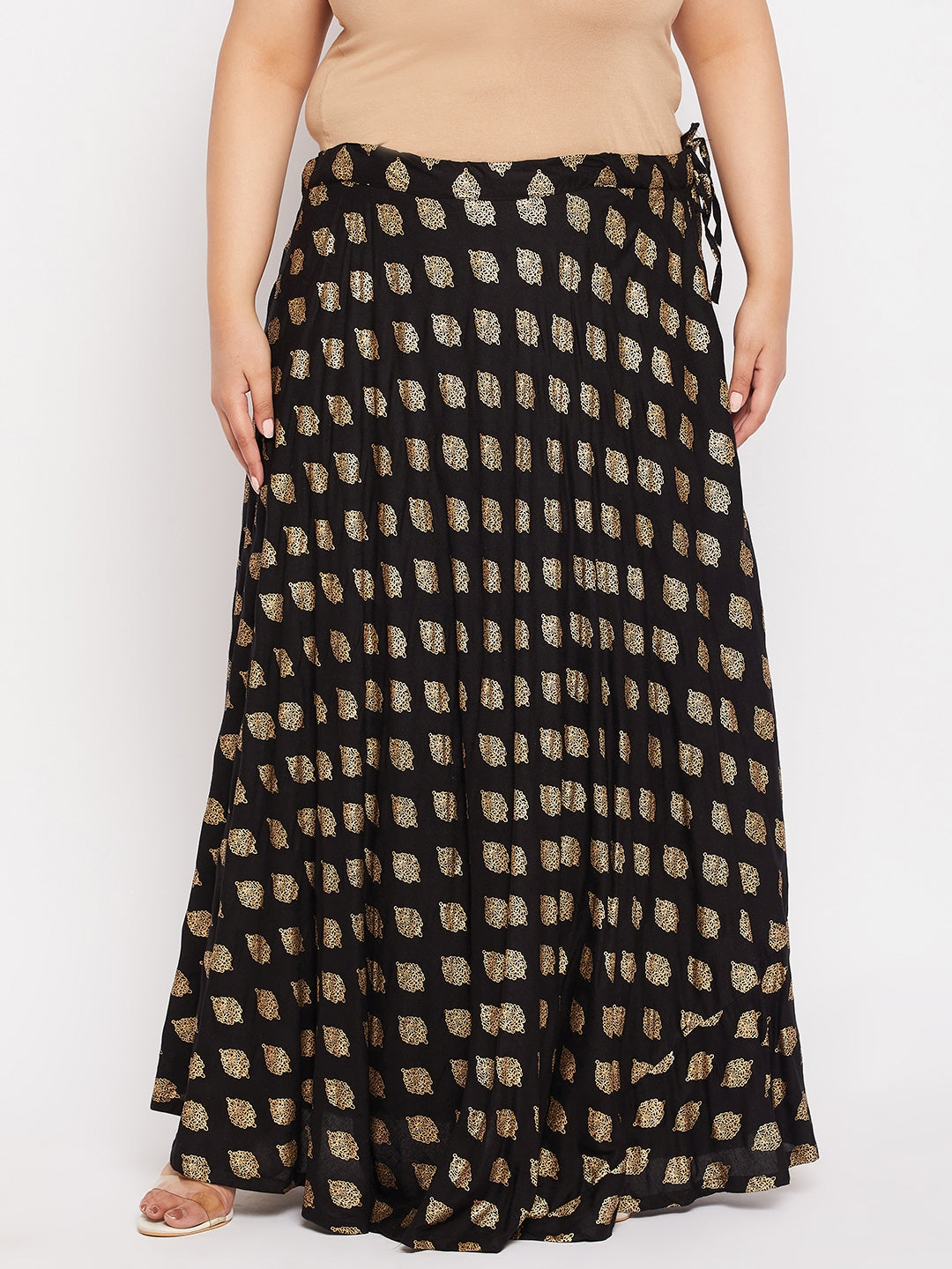 Black Printed Flared Rayon Skirt