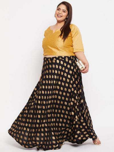 Black Printed Flared Rayon Skirt