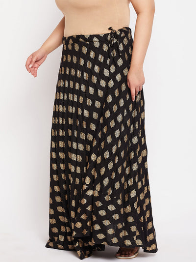 Black Printed Flared Rayon Skirt