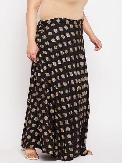 Black Printed Flared Rayon Skirt