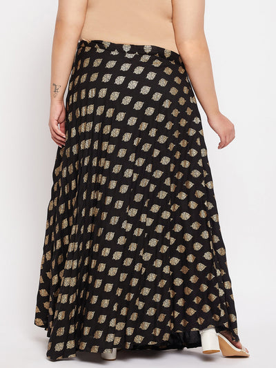 Black Printed Flared Rayon Skirt