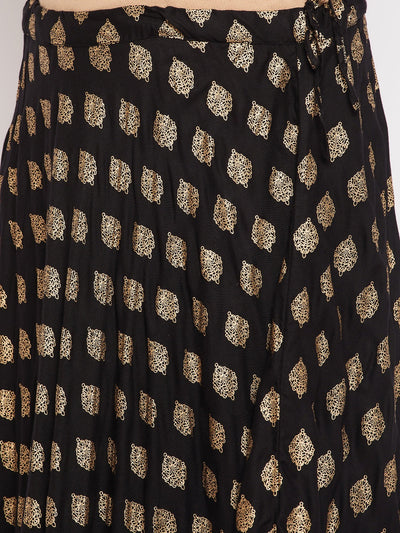 Black Printed Flared Rayon Skirt