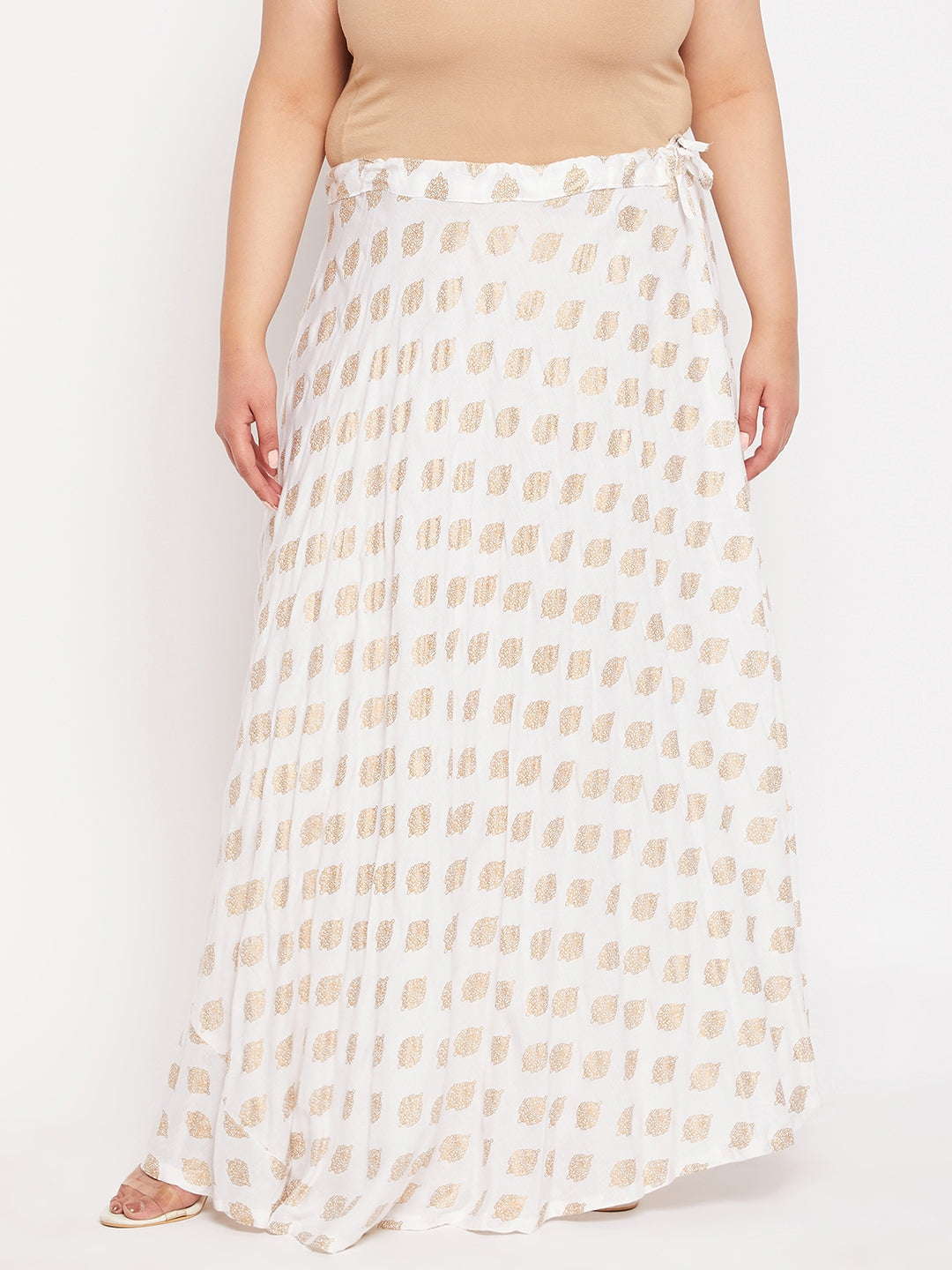 White printed flared rayon skirt with drawstring waistband.