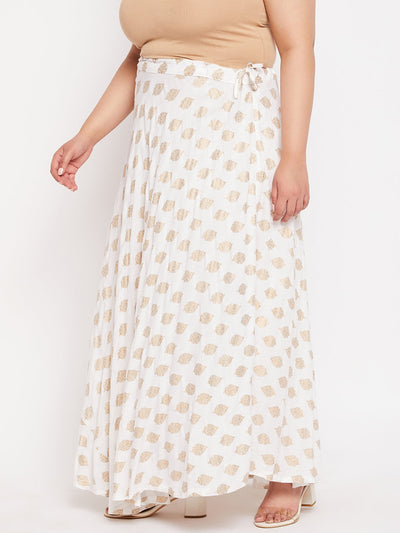 White Printed Flared Rayon Skirt