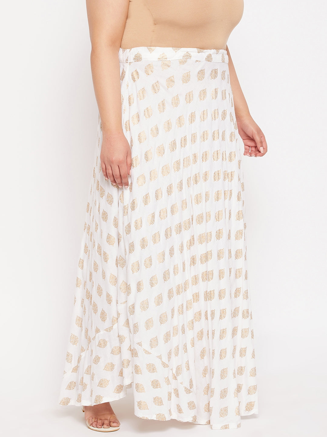 White printed flared rayon skirt with drawstring waistband.