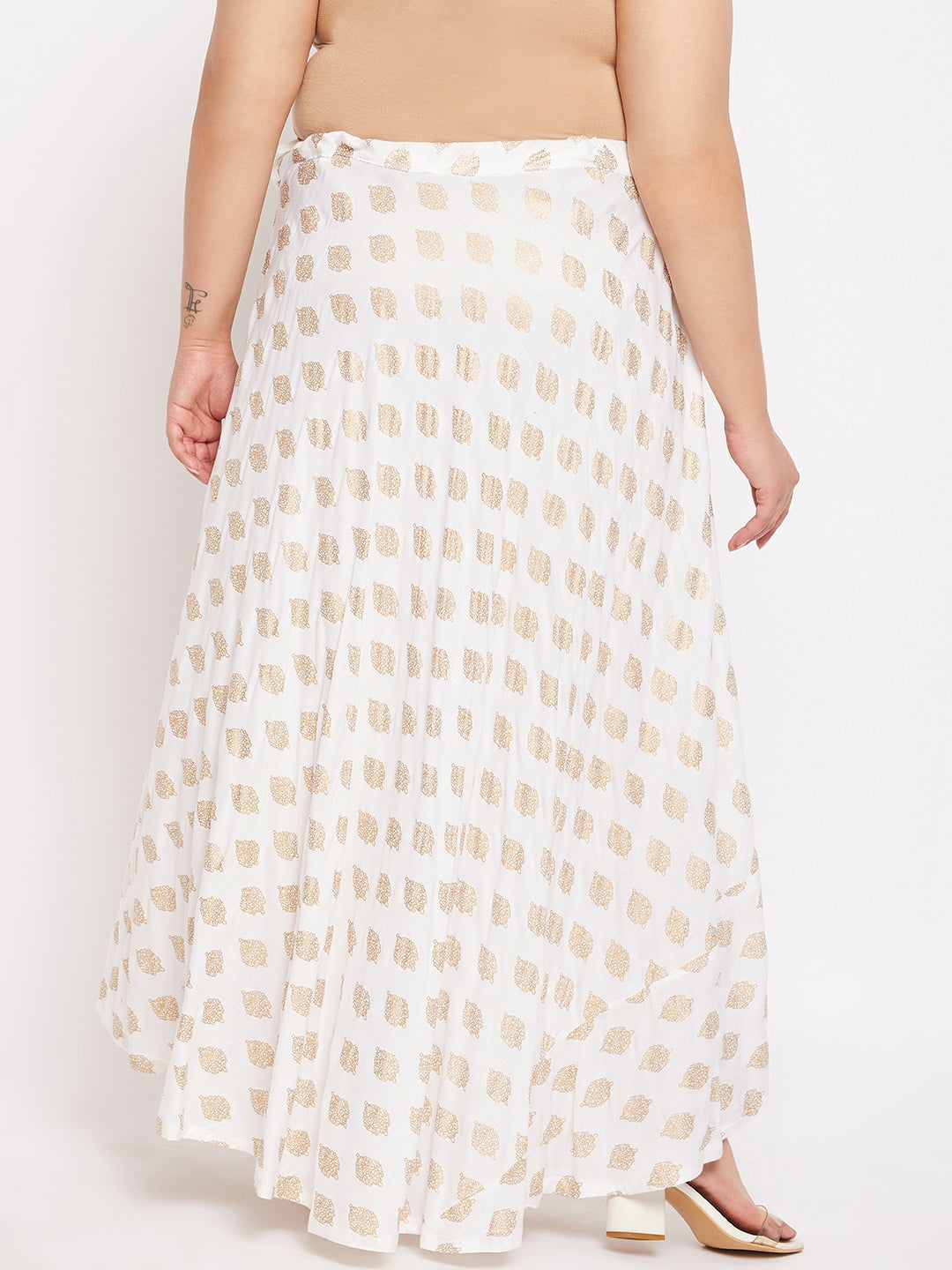 White printed flared rayon skirt with drawstring waistband.