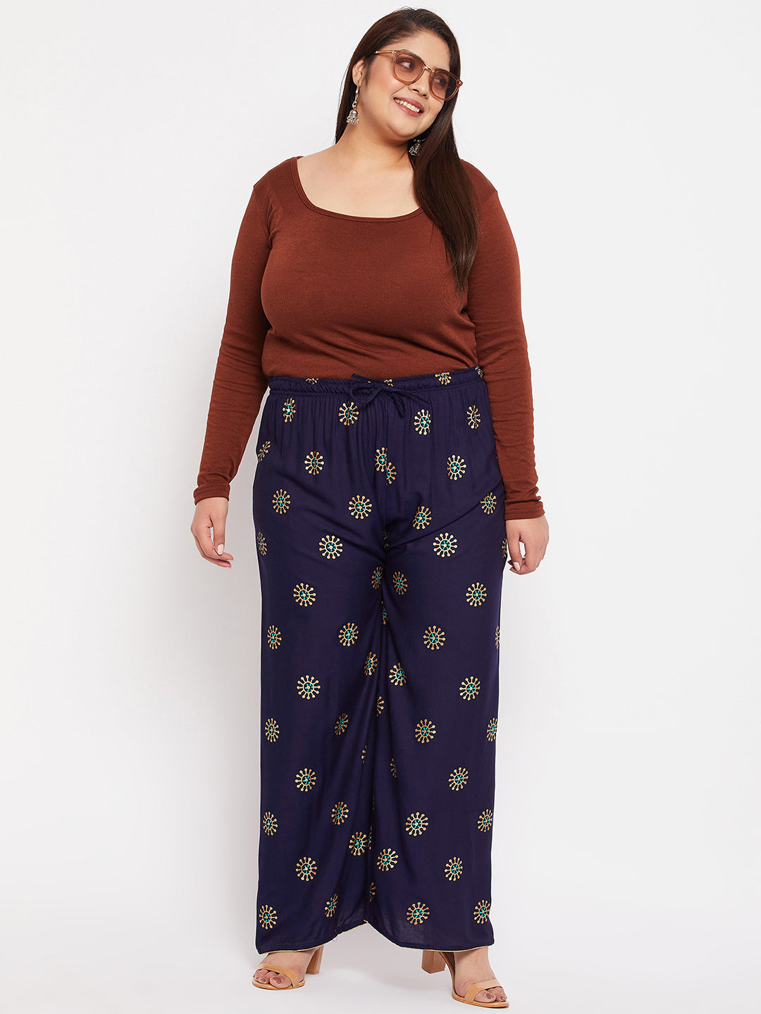 Navy Blue Printed Rayon Palazzo