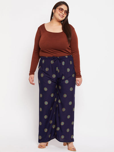 Navy Blue Printed Rayon Palazzo