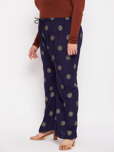 Navy Blue Printed Rayon Palazzo