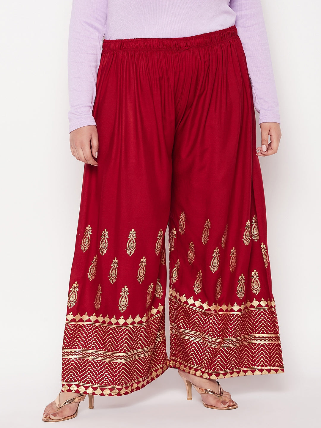 Maroon Printed Wide Leg Rayon Palazzo