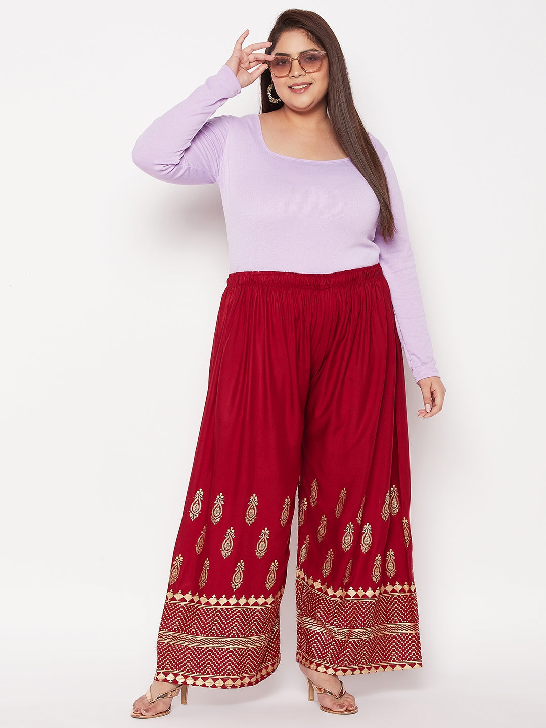 Maroon Printed Wide Leg Rayon Palazzo