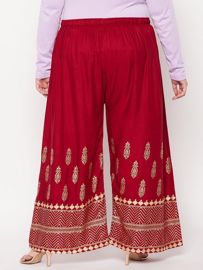 Maroon Printed Wide Leg Rayon Palazzo