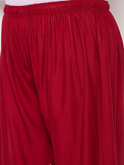 Maroon Printed Wide Leg Rayon Palazzo with Elasticated Waistband