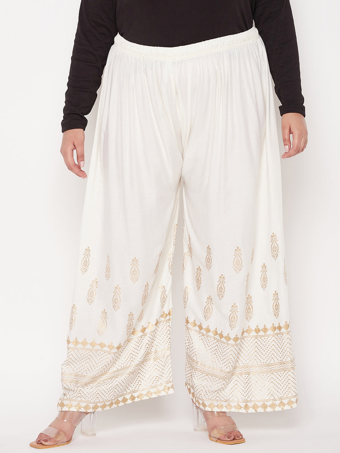 Cream Printed Wide Leg Rayon Palazzo