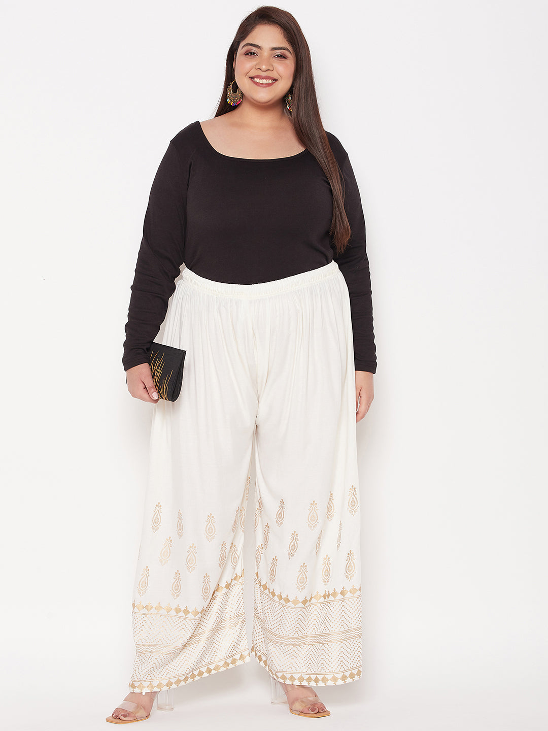 Cream Printed Wide Leg Rayon Palazzo